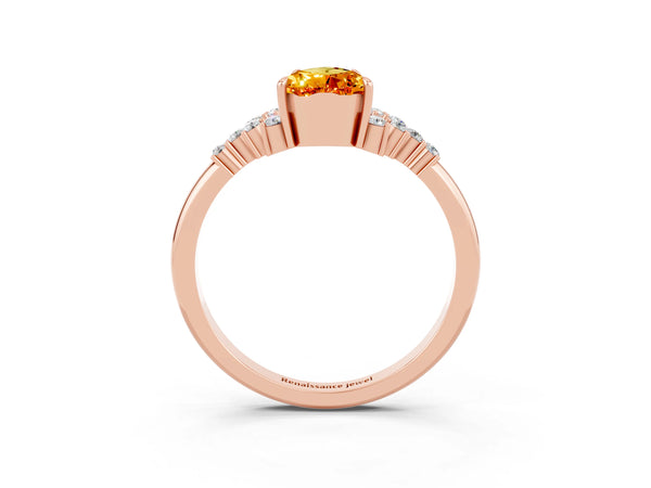 Rose gold Pear Cut Citrine Ring with Side Stones and Four-Prong Setting