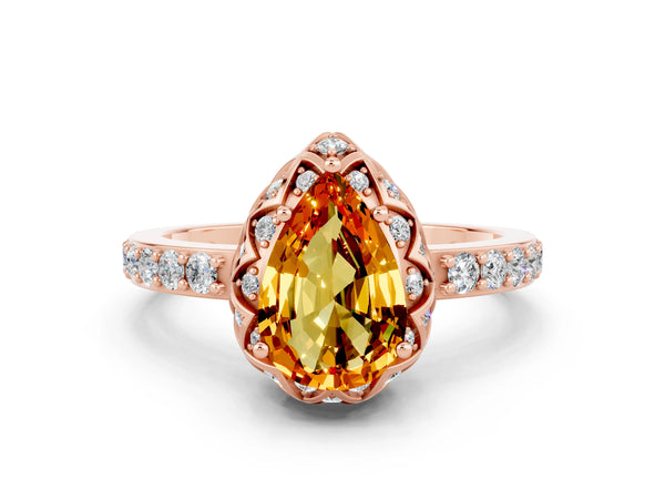 Rose gold Pear Cut Citrine Scalloped Halo Engagement Ring with Round Shared Prong Band