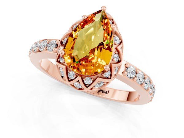 Rose gold Pear Cut Citrine Scalloped Halo Engagement Ring with Round Shared Prong Band