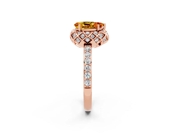 Rose gold Pear Cut Citrine Scalloped Halo Engagement Ring with Round Shared Prong Band