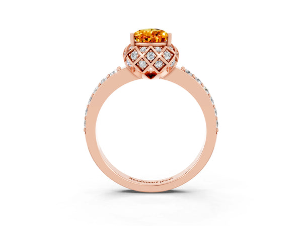 Rose gold Pear Cut Citrine Scalloped Halo Engagement Ring with Round Shared Prong Band