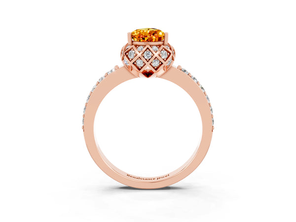 Rose gold Pear Cut Citrine Scalloped Halo Engagement Ring with Round Shared Prong Band