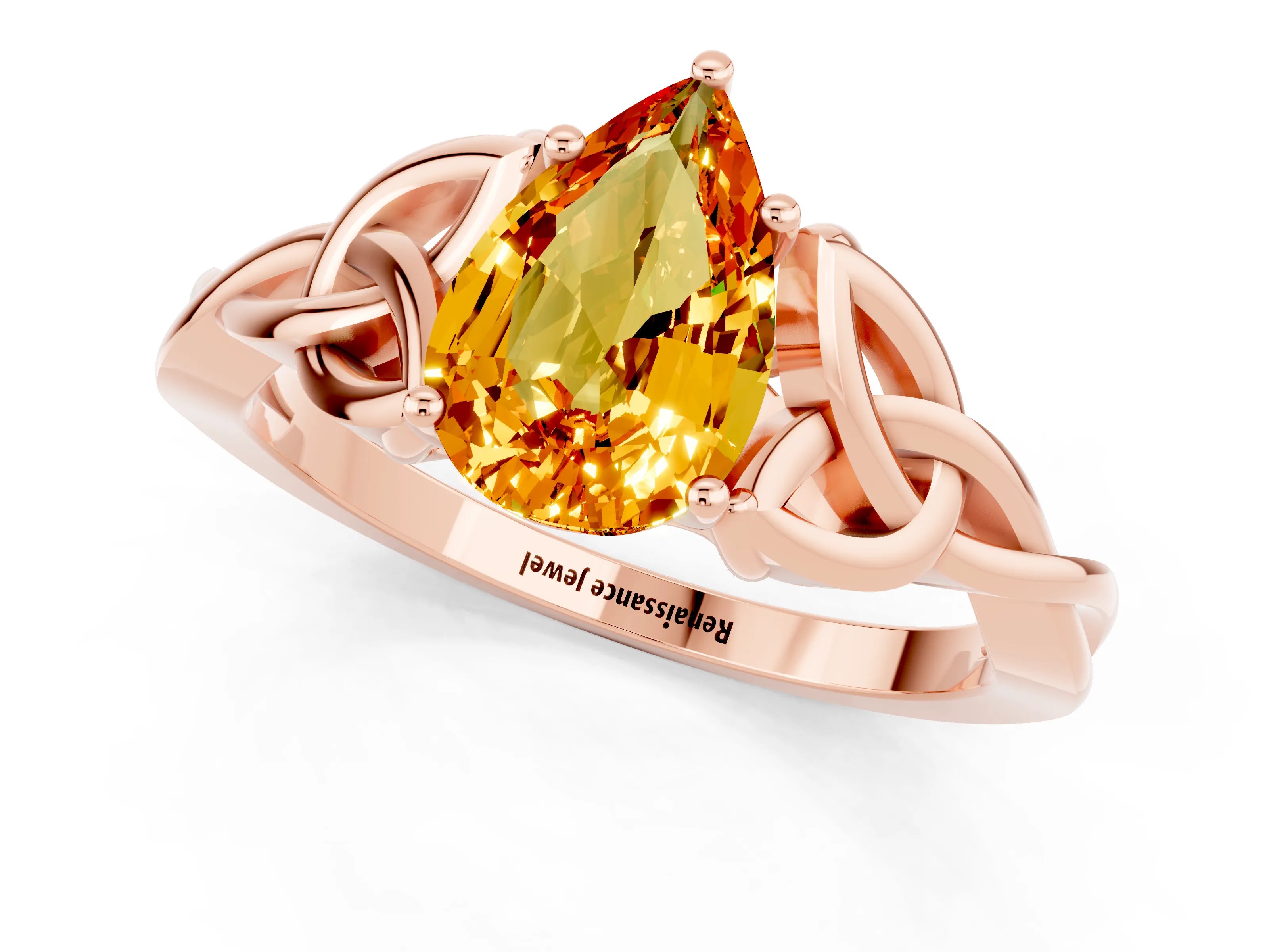 Rose gold Pear Cut Citrine Solitaire Celtic Knot Ring with Four-Prong Setting_13