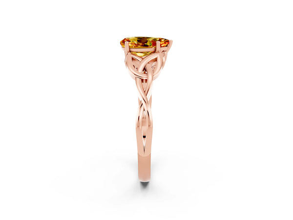 Rose gold Pear Cut Citrine Solitaire Celtic Knot Ring with Four-Prong Setting