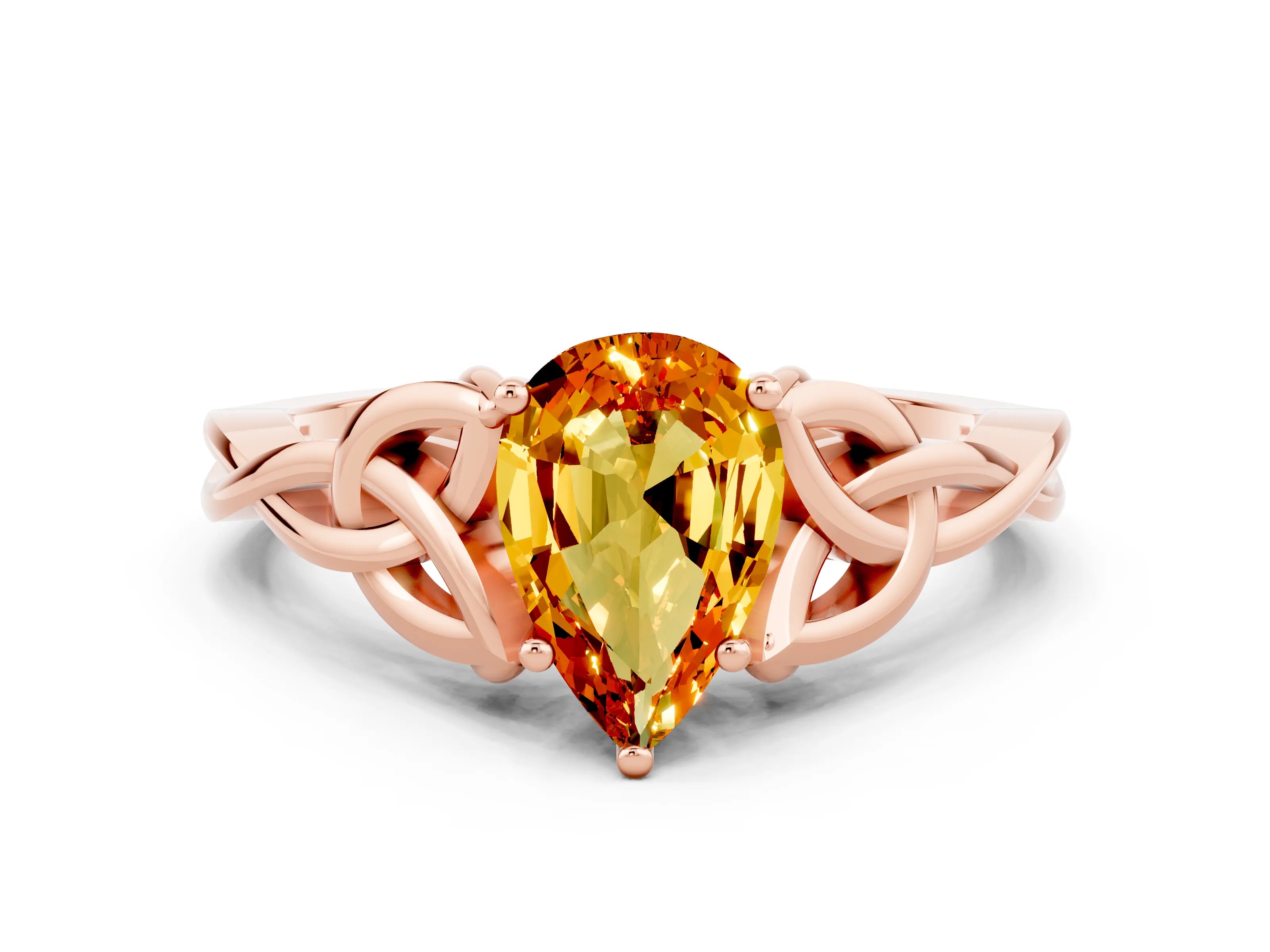 Rose gold Pear Cut Citrine Solitaire Engagement Ring with Celtic Knot Band and Four-Prong Setting