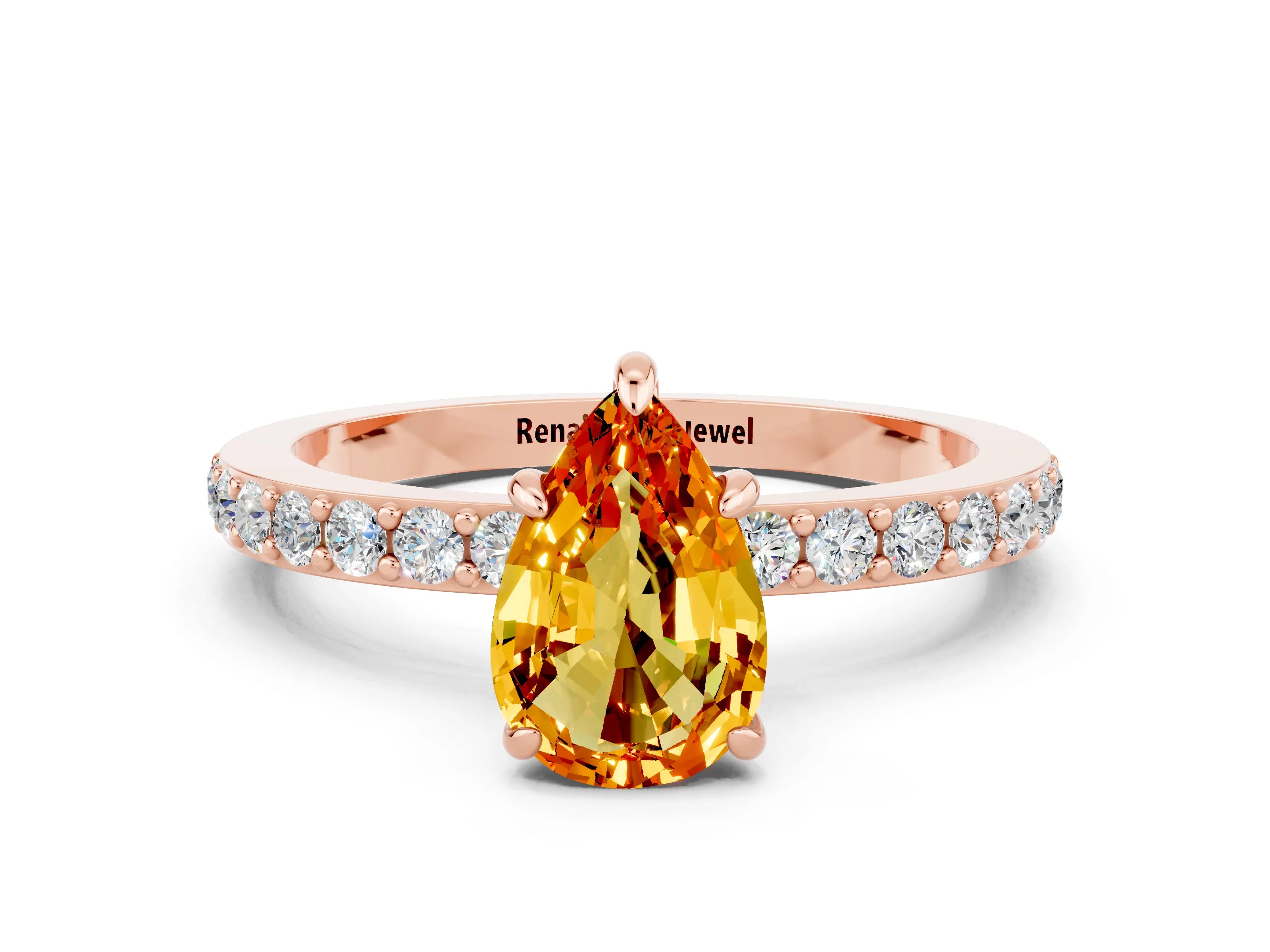Rose gold Pear Cut Citrine Solitaire Engagement Ring with Pavé Band and Four-Prong Setting