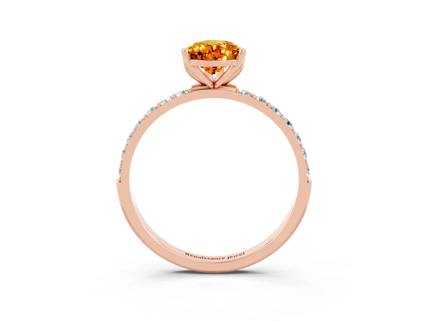 Rose gold Pear Cut Citrine Solitaire Engagement Ring with Round  Pavé Band and Prong Setting
