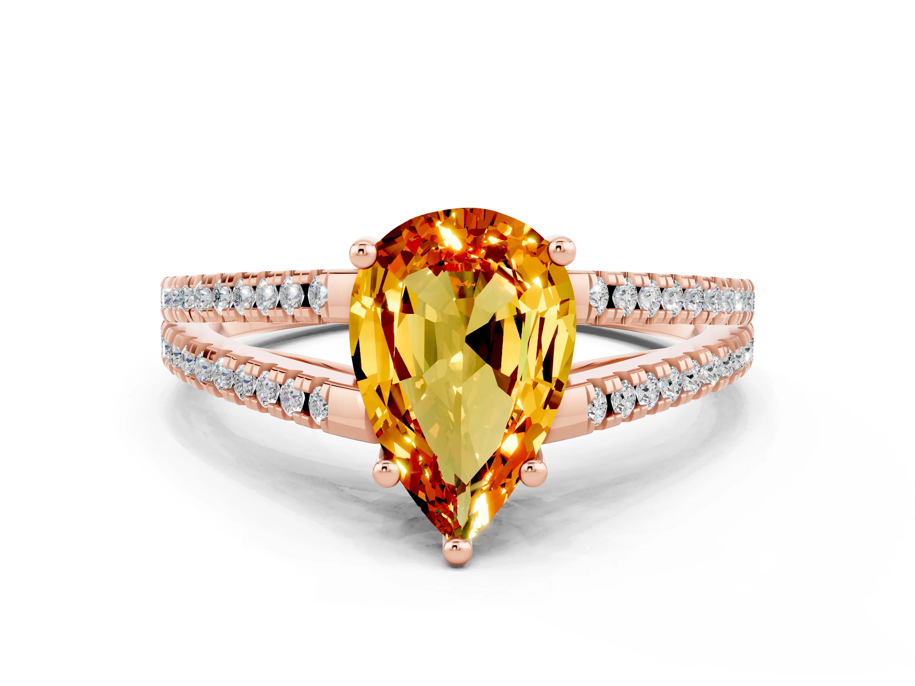 Rose gold Pear Cut Citrine Solitaire Engagement Ring with Split Shank Pavé Band