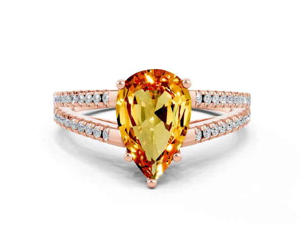 Rose gold Pear Cut Citrine Solitaire Engagement Ring with Split Shank Pavé Band