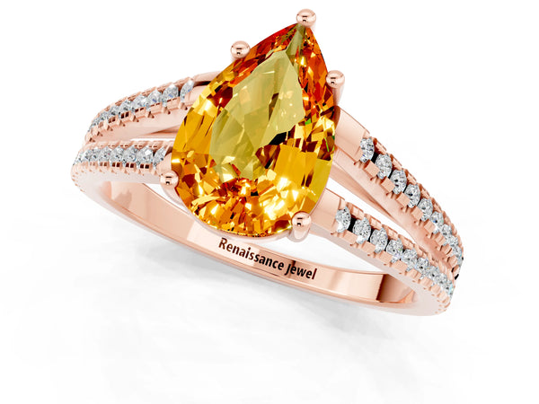 Rose gold Pear Cut Citrine Solitaire Engagement Ring with Split Shank Pavé Band