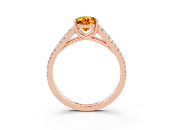Rose gold Pear Cut Citrine Solitaire Engagement Ring with Split Shank Pavé Band