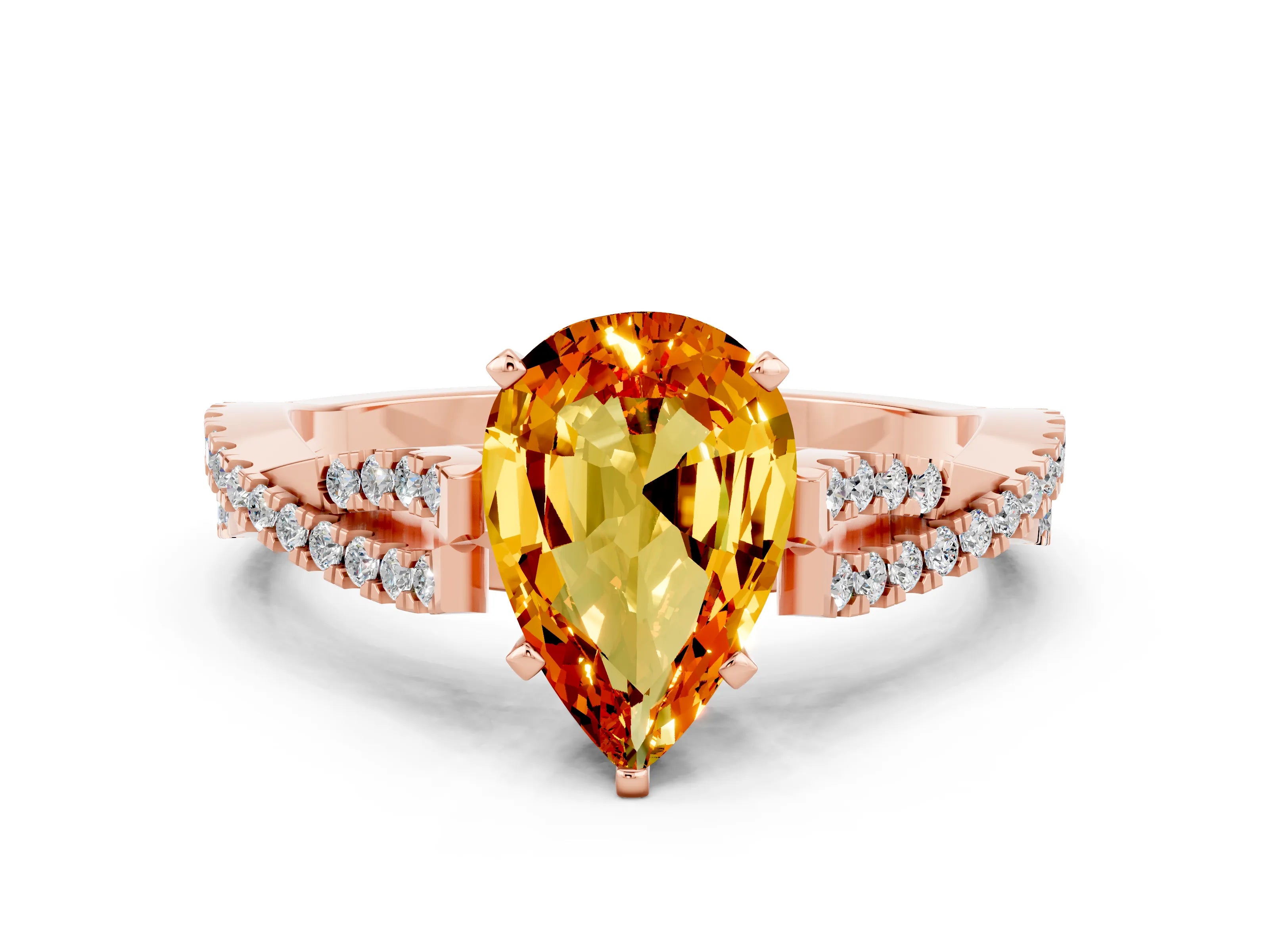 Rose gold Pear Cut Citrine Solitaire Engagement Ring with Twisted Pavé Band and Four-Prong Setting