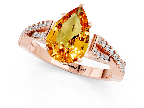 Rose gold Pear Cut Citrine Solitaire Engagement Ring with Twisted Pavé Band and Four-Prong Setting