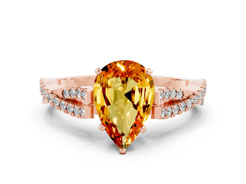 Rose gold Pear Cut Citrine Solitaire Engagement Ring with Twisted Pavé Band and Four-Prong Setting