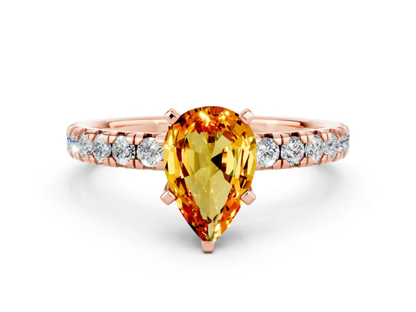 Rose gold Pear Cut Citrine Solitaire Pavé Engagement Ring with Round Band and Prong Setting