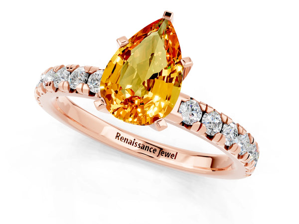 Rose gold Pear Cut Citrine Solitaire Pavé Engagement Ring with Round Band and Prong Setting