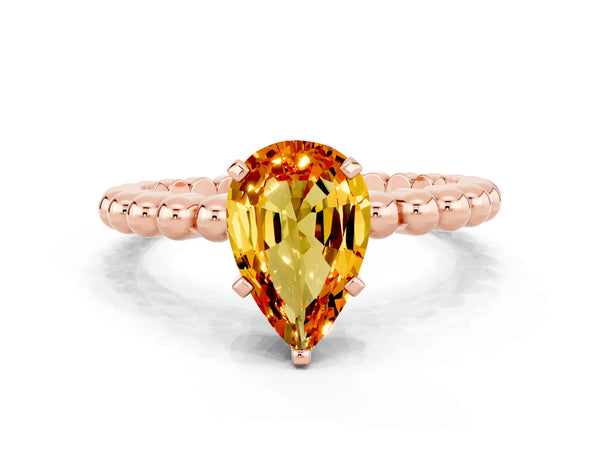 Rose gold Pear Cut Citrine Solitaire Ring with Beaded Band and Prong Setting
