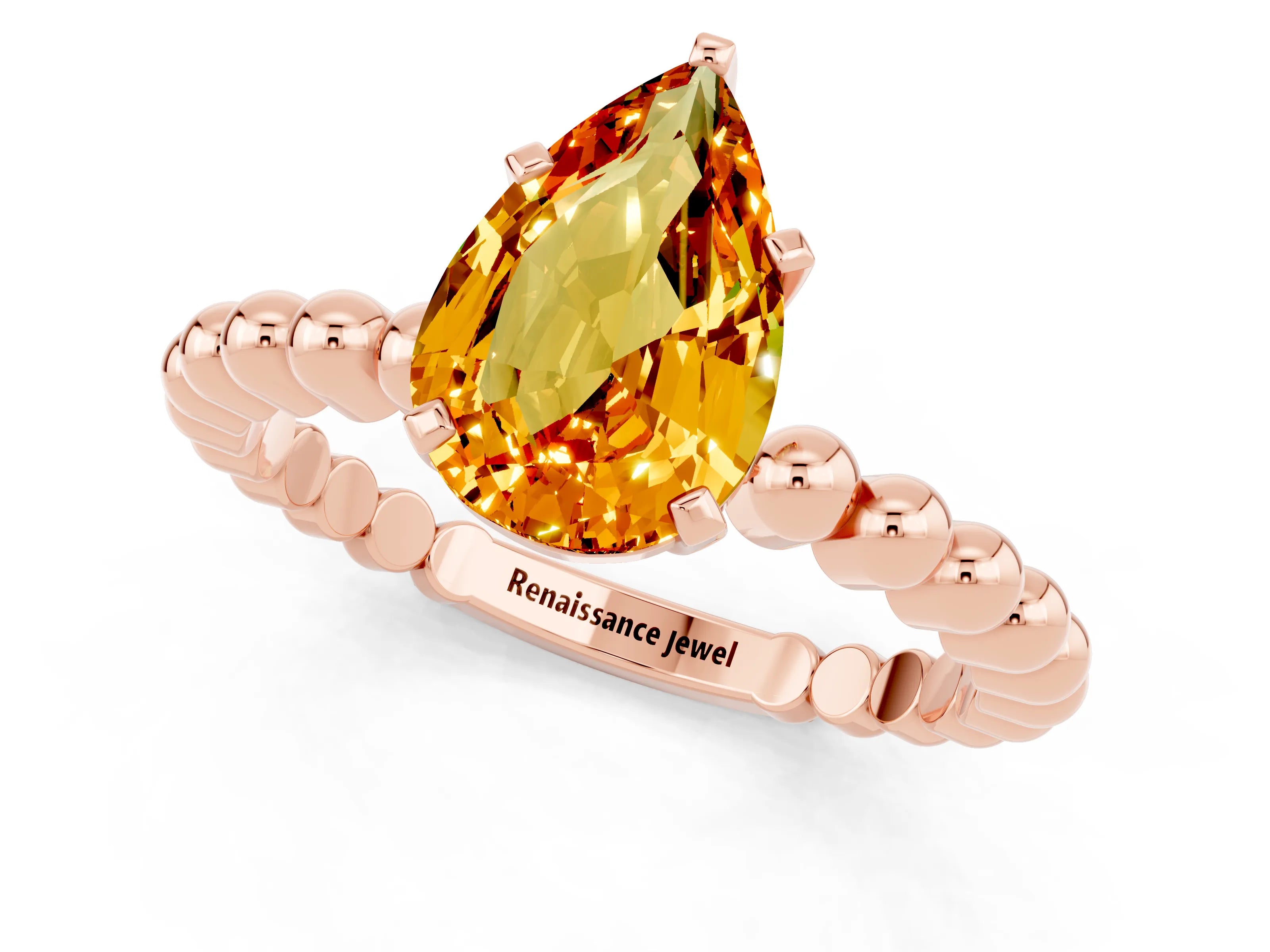 Rose gold Pear Cut Citrine Solitaire Ring with Beaded Band and Prong Setting_1