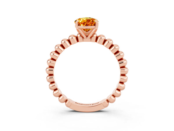 Rose gold Pear Cut Citrine Solitaire Ring with Beaded Band and Prong Setting