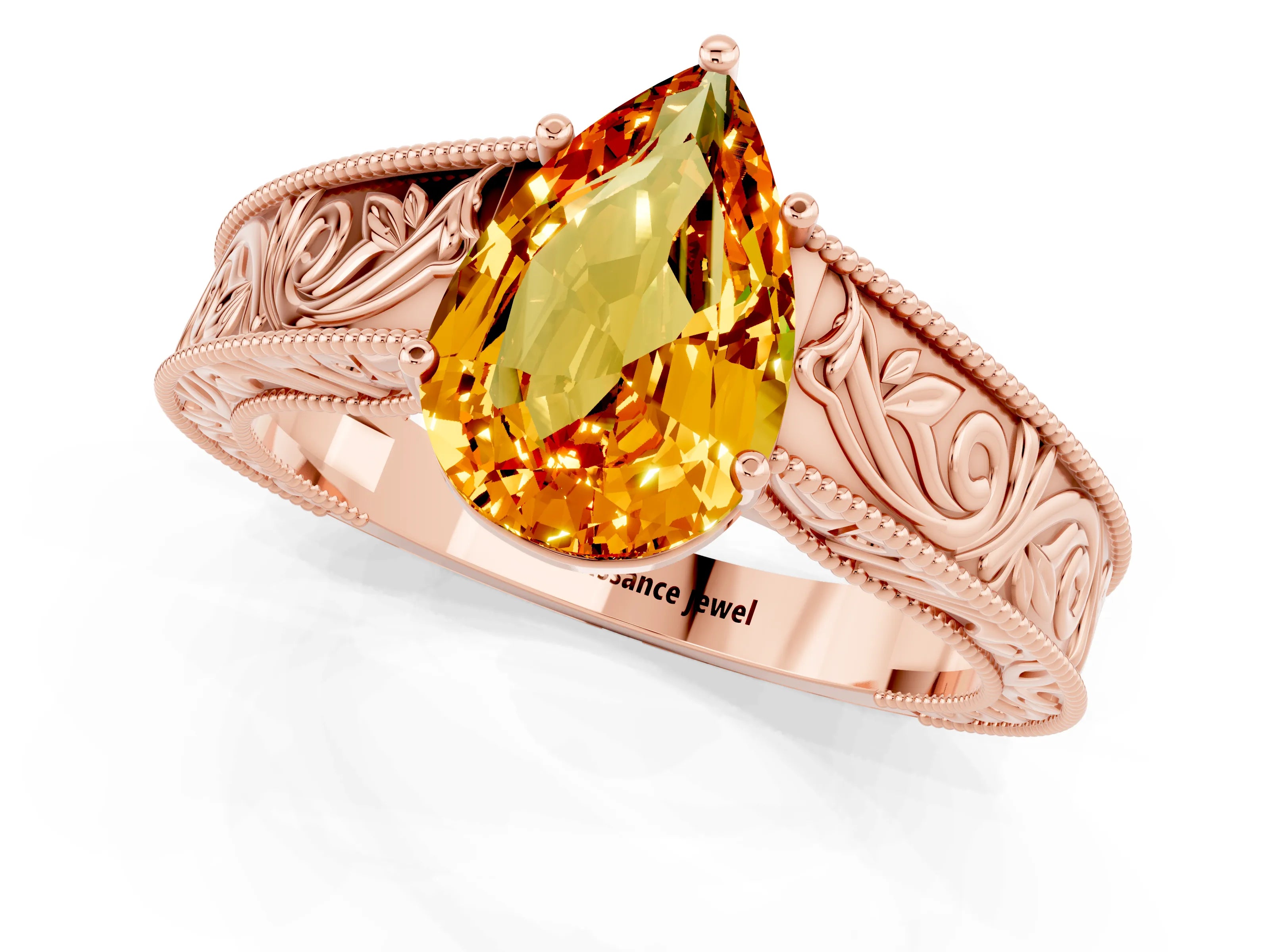 Rose gold Pear Cut Citrine Solitaire Ring with Engraved Band and Four-Prong Setting_1