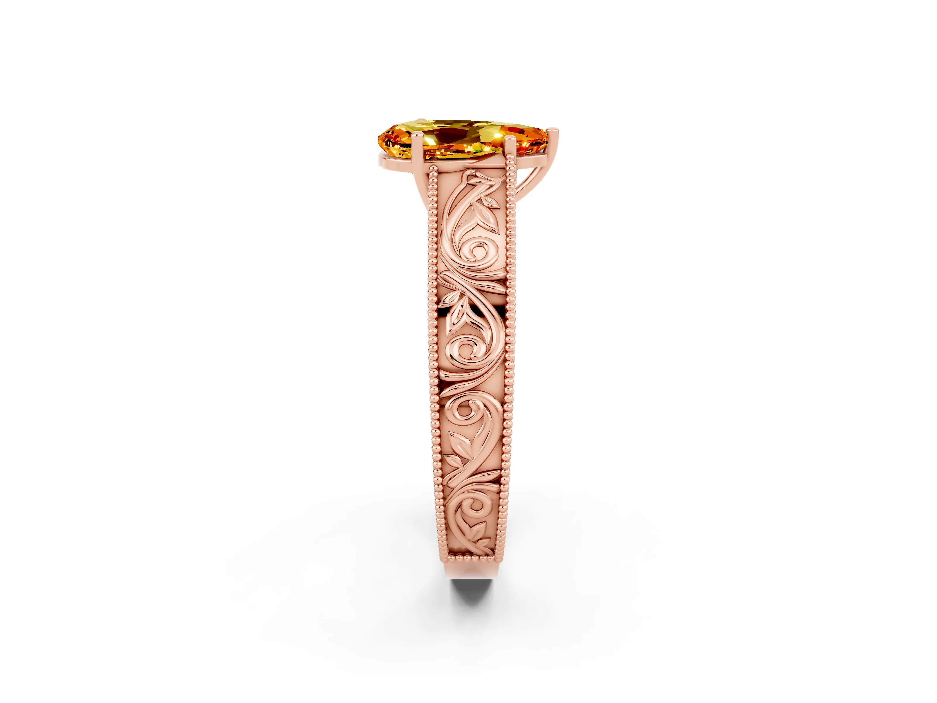 Rose gold Pear Cut Citrine Solitaire Ring with Engraved Band and Four-Prong Setting_2