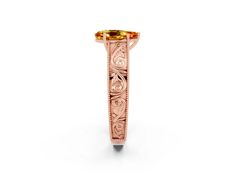 Rose gold Pear Cut Citrine Solitaire Ring with Engraved Band and Four-Prong Setting_2