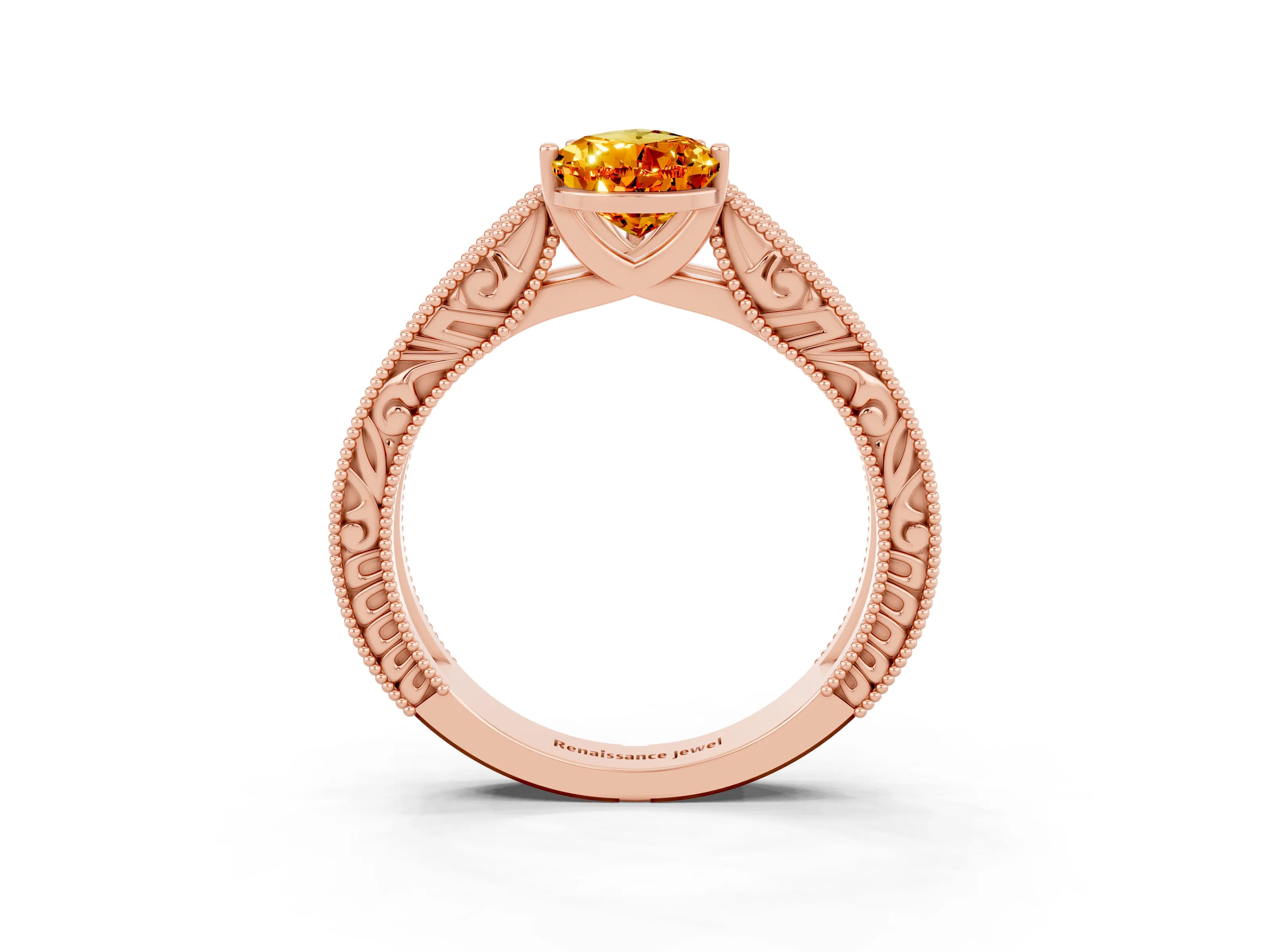 Rose gold Pear Cut Citrine Solitaire Ring with Engraved Band and Four-Prong Setting_3