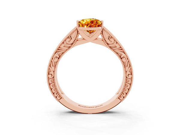 Rose gold Pear Cut Citrine Solitaire Ring with Engraved Band and Four-Prong Setting