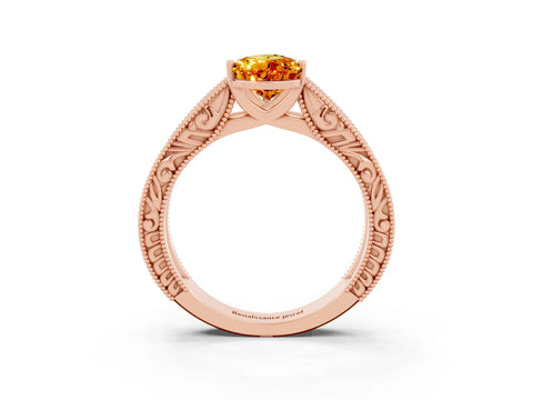 Rose gold Pear Cut Citrine Solitaire Ring with Engraved Band and Four-Prong Setting_3