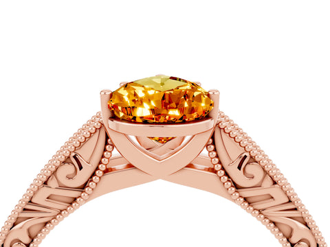 Rose gold Pear Cut Citrine Solitaire Ring with Engraved Band and Four-Prong Setting_4