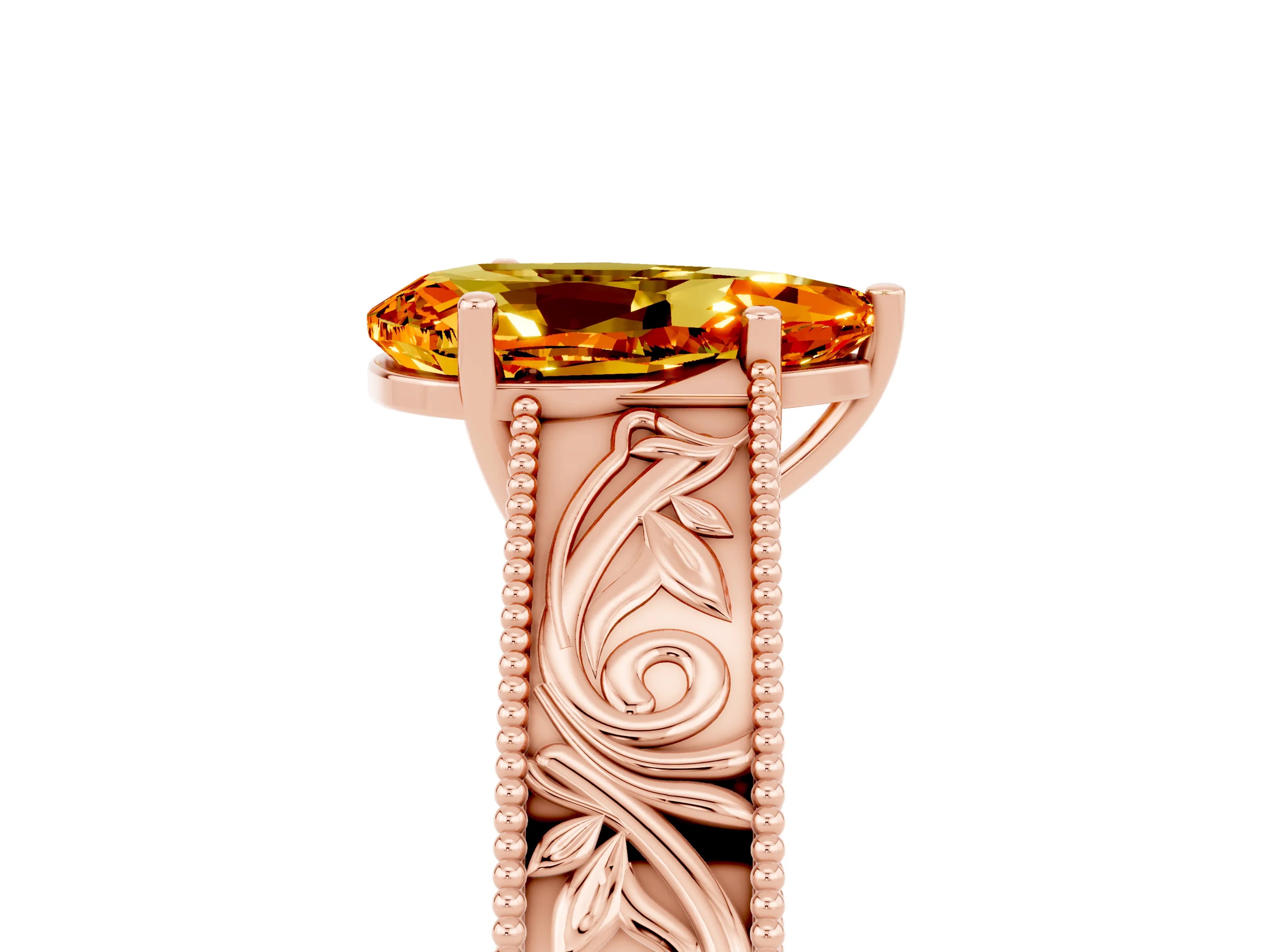 Rose gold Pear Cut Citrine Solitaire Ring with Engraved Band and Four-Prong Setting_5