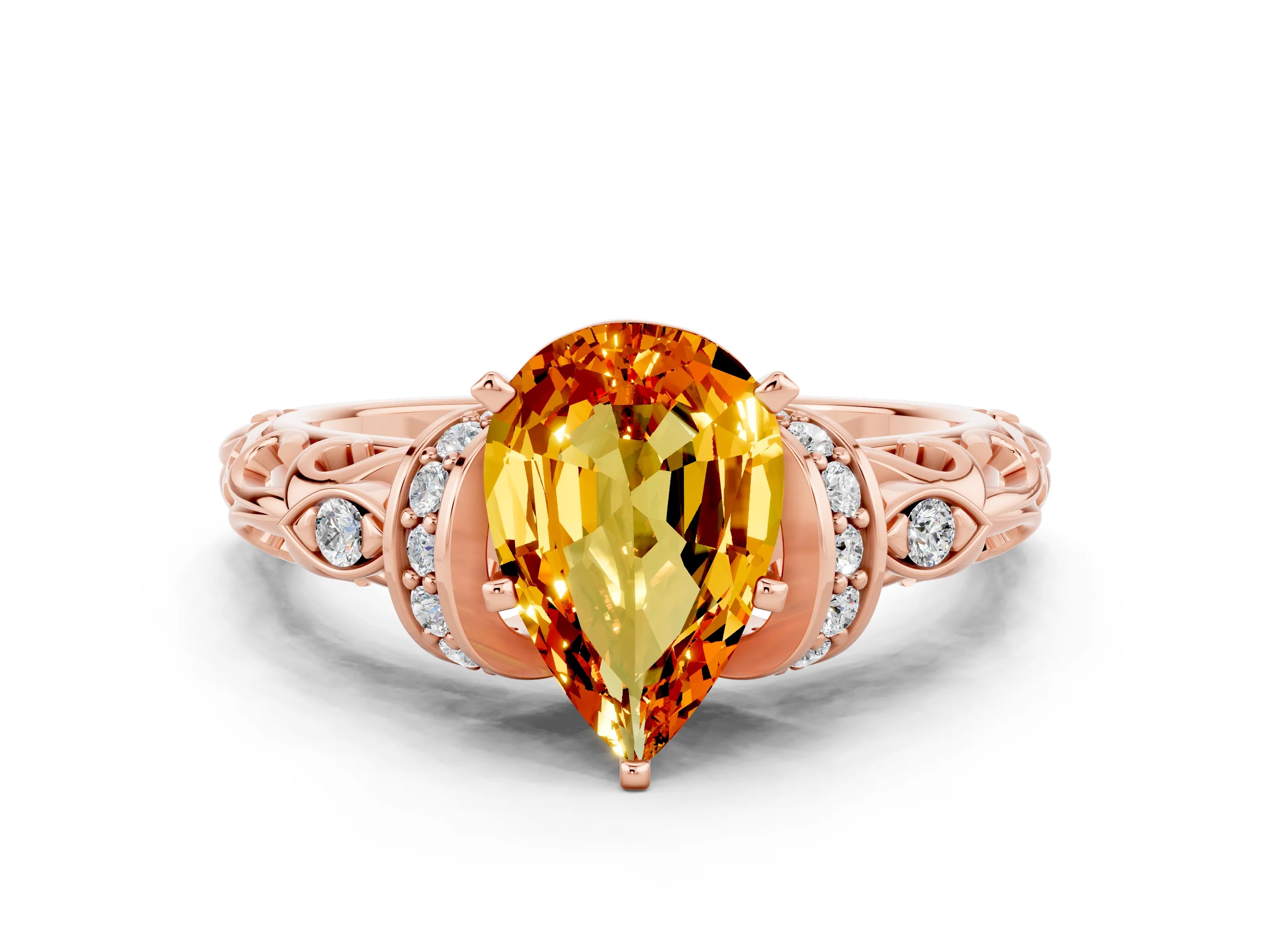 Rose gold Pear Cut Citrine Solitaire Ring with Filigree Band and Four-Prong Setting_24