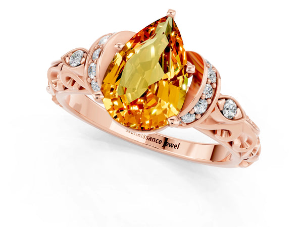 Rose gold Pear Cut Citrine Solitaire Ring with Filigree Band and Four-Prong Setting