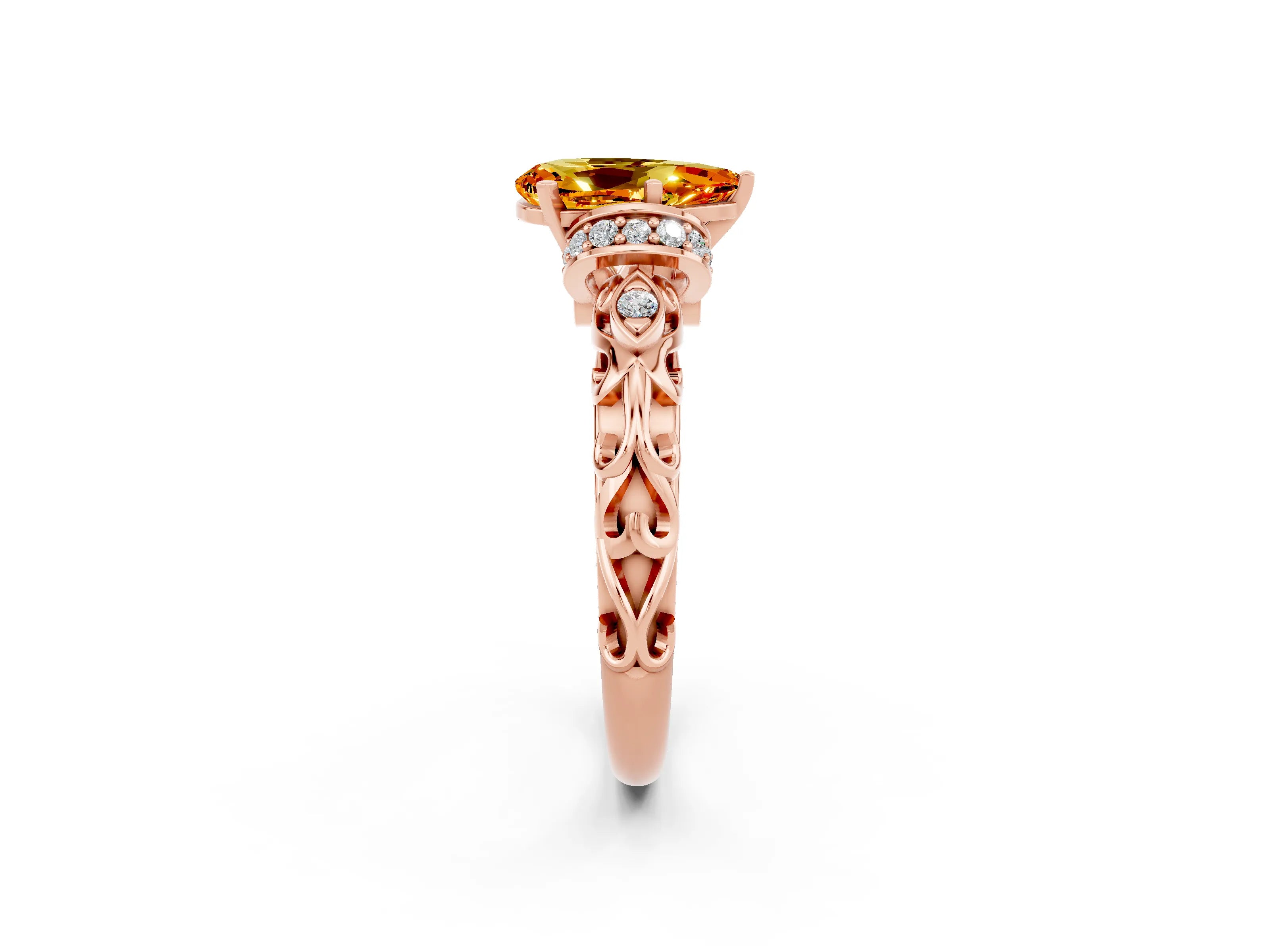Rose gold Pear Cut Citrine Solitaire Ring with Filigree Band and Four-Prong Setting_26