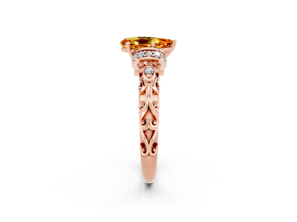 Rose gold Pear Cut Citrine Solitaire Ring with Filigree Band and Four-Prong Setting