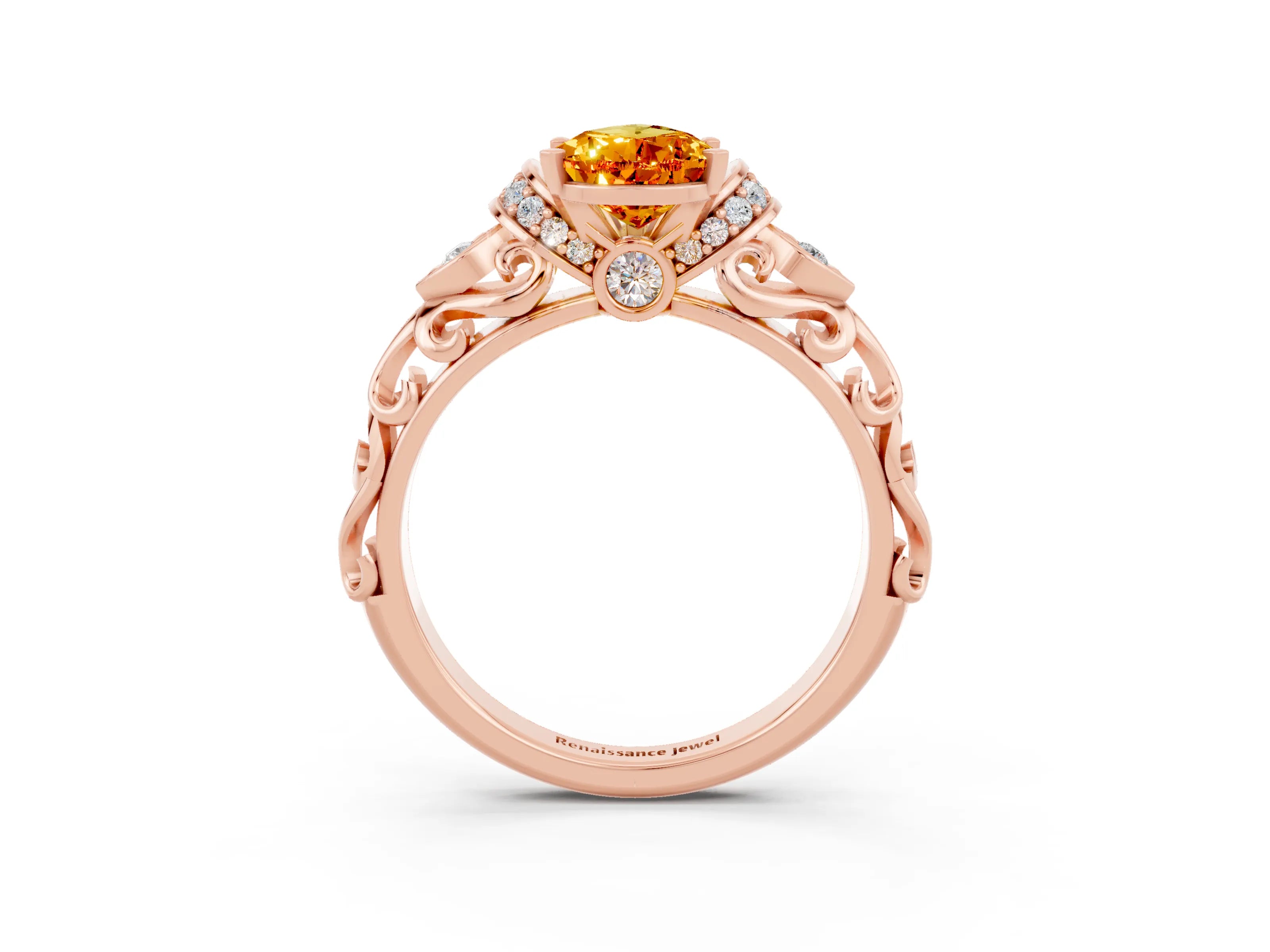 Rose gold Pear Cut Citrine Solitaire Ring with Filigree Band and Four-Prong Setting_27