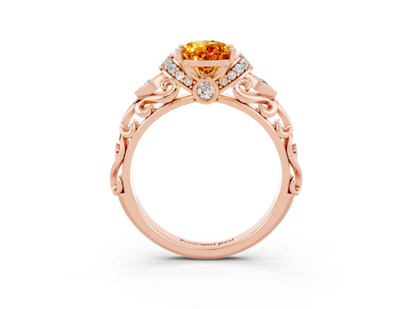 Rose gold Pear Cut Citrine Solitaire Ring with Filigree Band and Four-Prong Setting