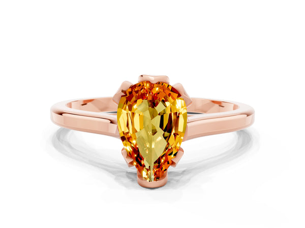 Rose gold Pear Cut Citrine Solitaire Ring with Flower Prong Setting and Classic Band