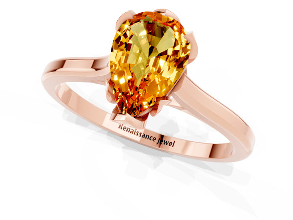 Rose gold Pear Cut Citrine Solitaire Ring with Flower Prong Setting and Classic Band