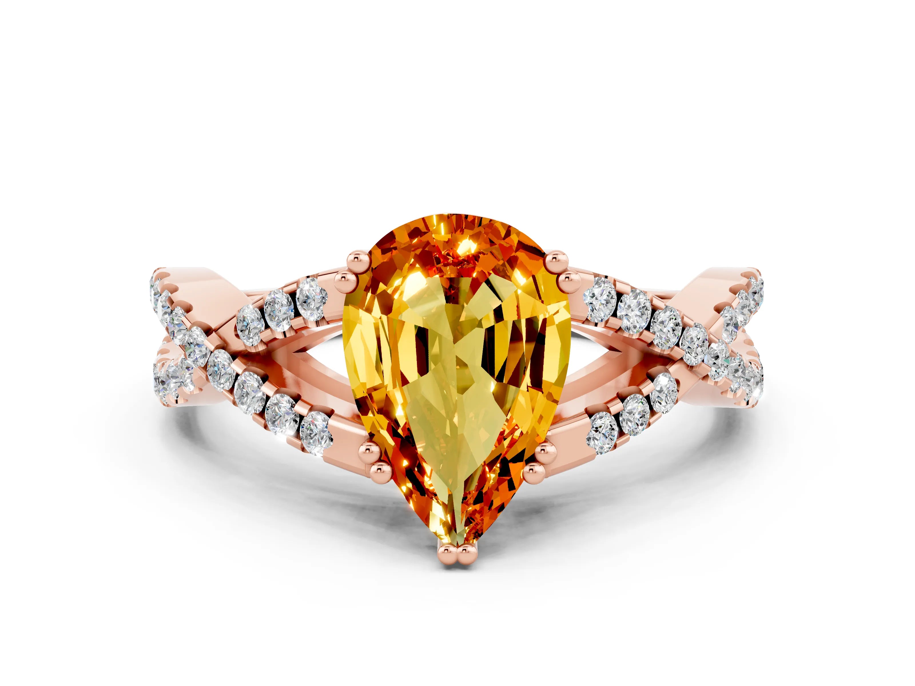 Rose gold Pear Cut Citrine Solitaire Ring with Four-Prong Setting and Twisted Pavé Band