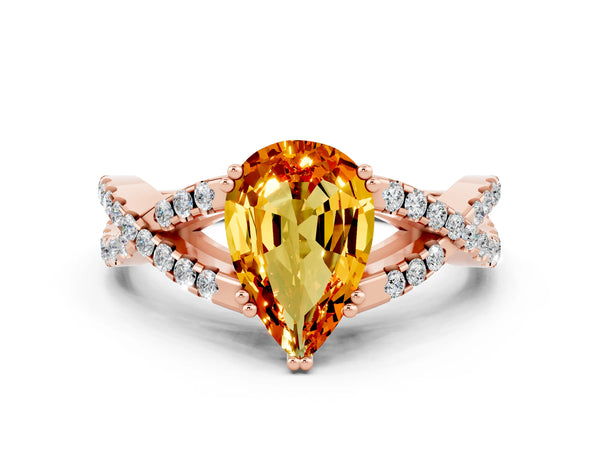 Rose gold Pear Cut Citrine Solitaire Ring with Four-Prong Setting and Twisted Pavé Band