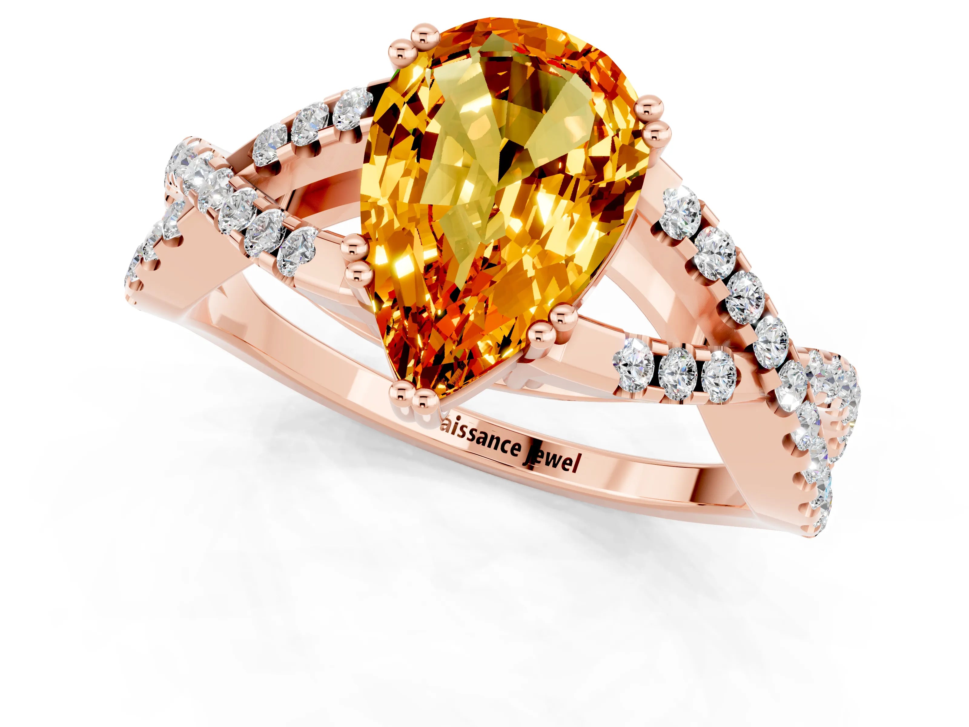 Rose gold Pear Cut Citrine Solitaire Ring with Four-Prong Setting and Twisted Pavé Band_1