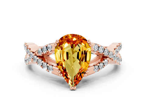 Rose gold Pear Cut Citrine Solitaire Ring with Four-Prong Setting and Twisted Pavé Band