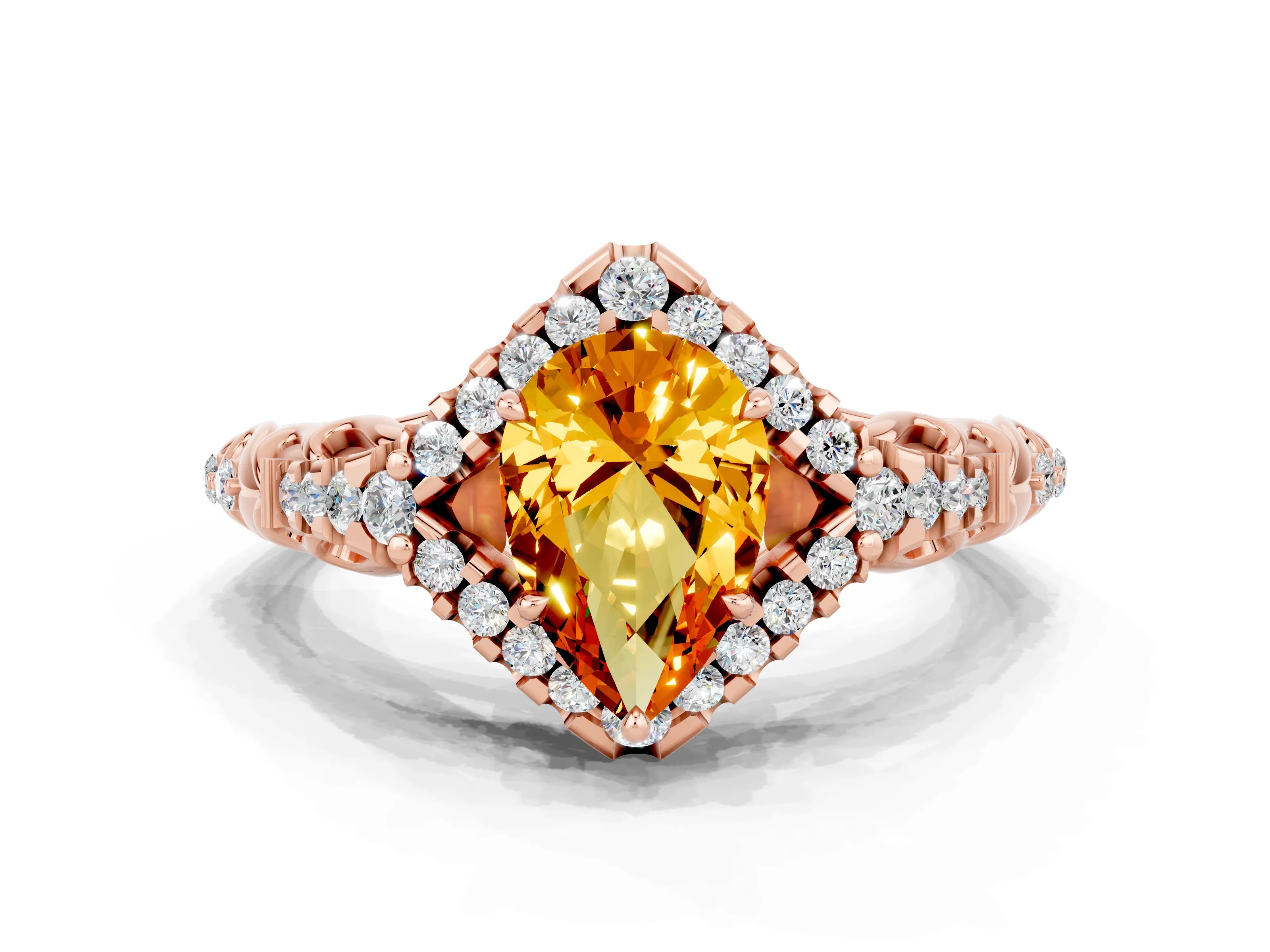 Rose gold Pear Cut Citrine Solitaire Ring with Hidden Halo and Pavé Band_36