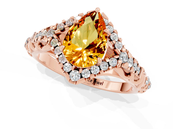 Rose gold Pear Cut Citrine Solitaire Ring with Hidden Halo and Pavé Band