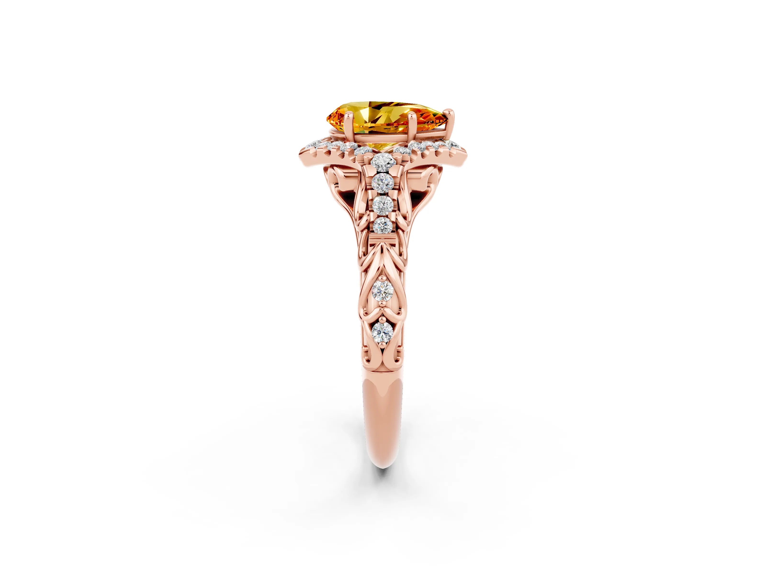 Rose gold Pear Cut Citrine Solitaire Ring with Hidden Halo and Pavé Band_38