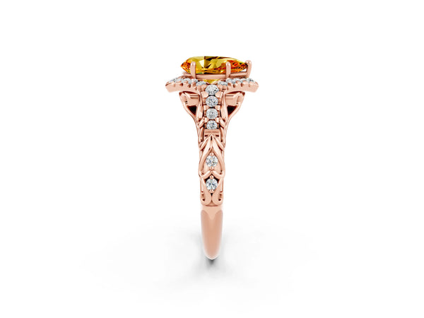 Rose gold Pear Cut Citrine Solitaire Ring with Hidden Halo and Pavé Band