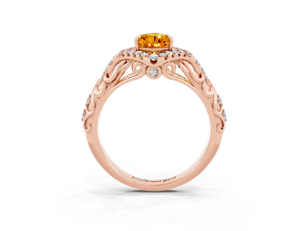 Rose gold Pear Cut Citrine Solitaire Ring with Hidden Halo and Pavé Band