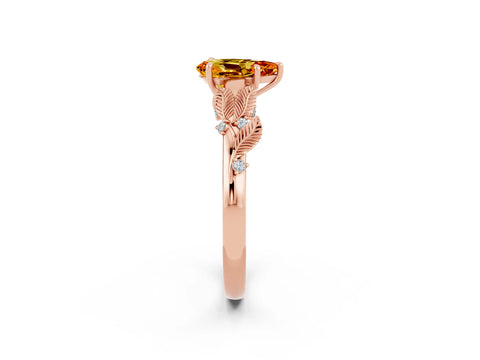 Rose gold Pear Cut Citrine Solitaire Ring with Leaf Motif Band and Four-Prong Setting_2