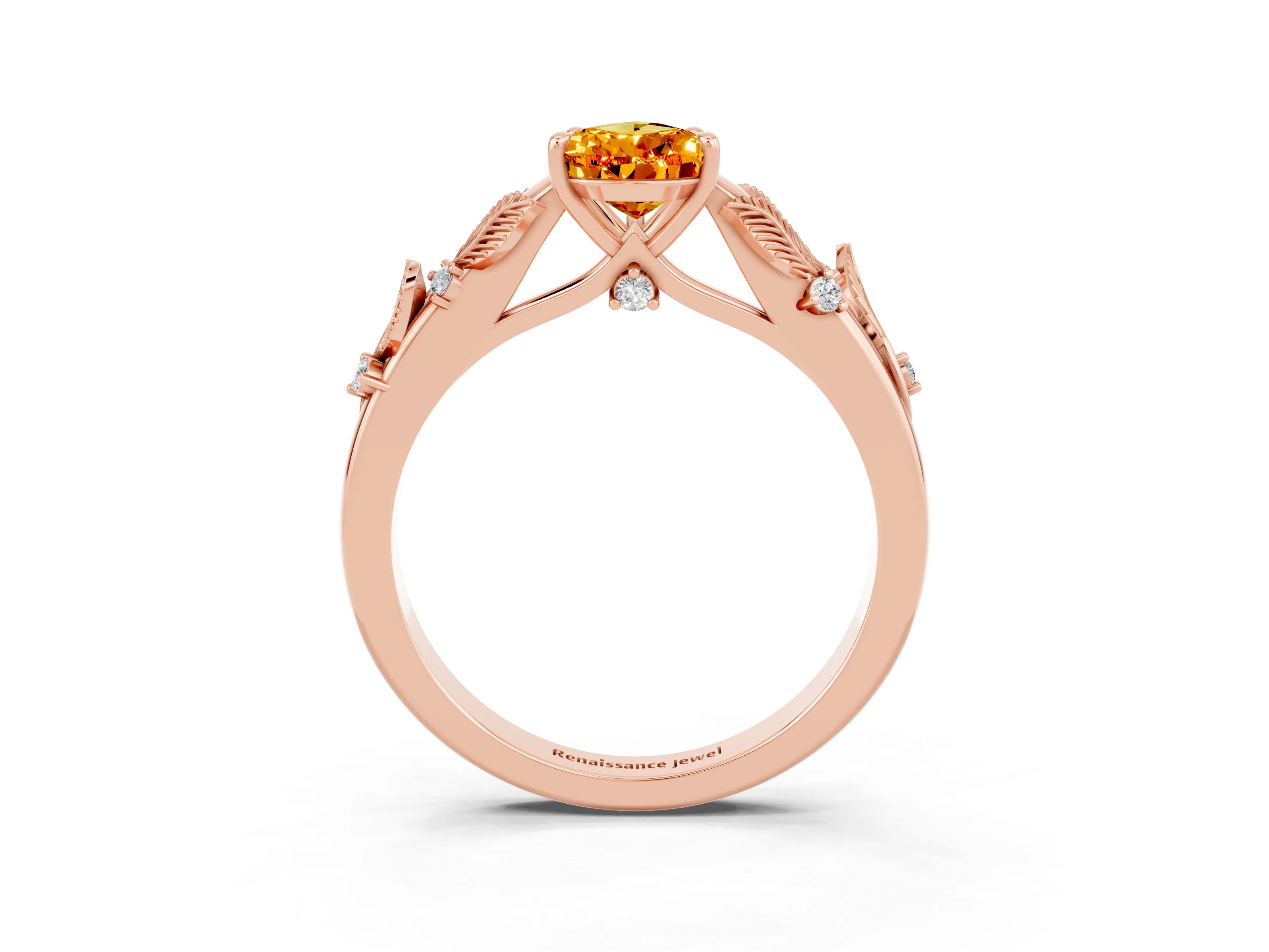 Rose gold Pear Cut Citrine Solitaire Ring with Leaf Motif Band and Four-Prong Setting_3